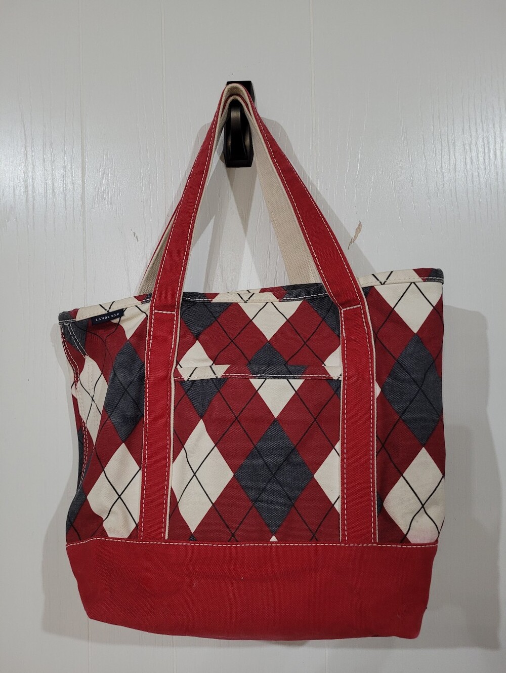 Lands' End Vintage Classic Five Pocket Red Gray Argyle Canvas Boat Tote Bag